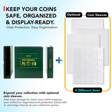 Create a personalized home for your treasured coins with this premium Coin Collection binder and matching protective slipcase. The front cover and spine feature custom gold foil printing with your choice of personalized text and font style.
